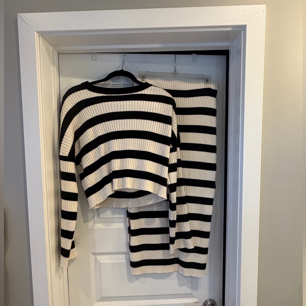 Maje Black and White Striped Ribbed Knit Set